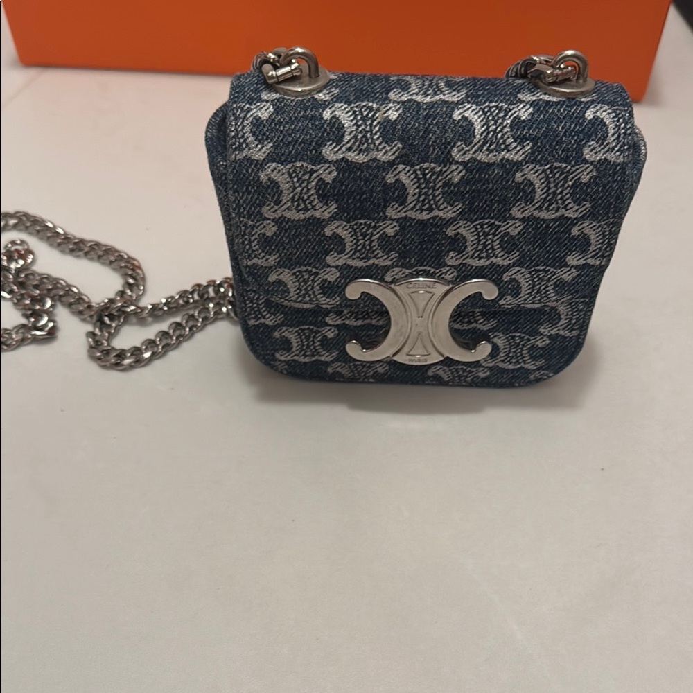 Celine Blue Silver Mini Bag with Monogram Design